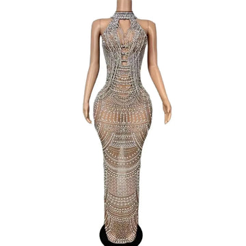 Luxury Pearl Chain Rhinestones Long Dress Women Sexy Mesh Dress Singer Stage Wear Wedding Birthday Drag Queen Photoshoot Dress