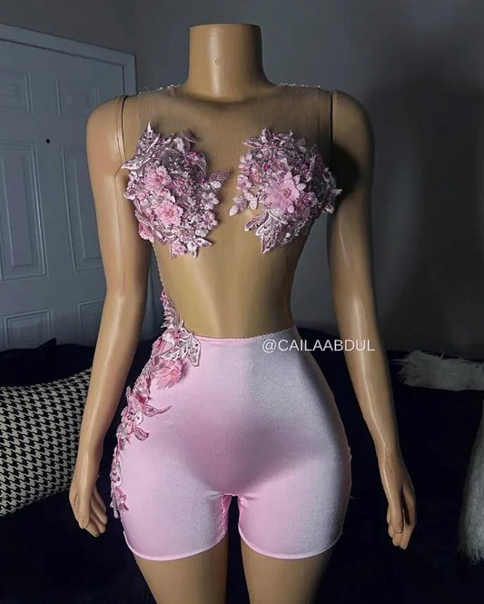 Pink African Bodysuit Cocktail Dresses 3D Floral Sheer Mesh Black Girl Mini Evening Party Birthday Gown Customsized Outift