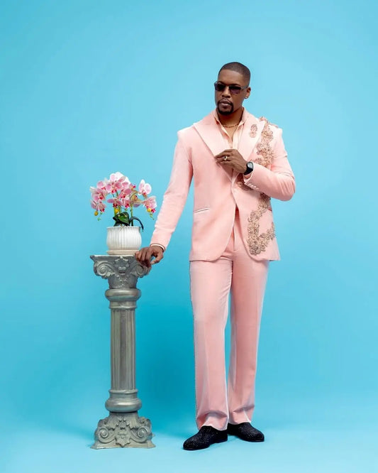 Fashion Men Suits Tailor-Made 2 Pieces Set Peaked Lapel Jacket Ruffle Blazer Rhinestone One Button Groom Customized Coat Pants