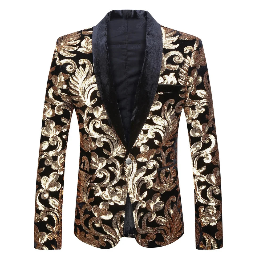 (Blazer + Trousers) Men's Gold Velvet Fashion Elegant Casual Wedding Banquet Party Sequin Costumes Two Piece Set