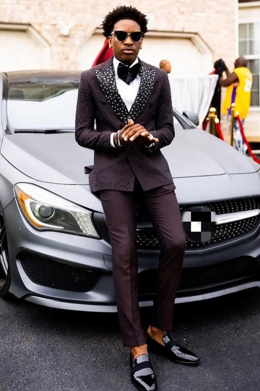 Unique Tailor-Made Men Suits 2 Pieces Set Beading Peaked Lapel Jacket Blazer Double Breasted Groom Customized Coat Pants
