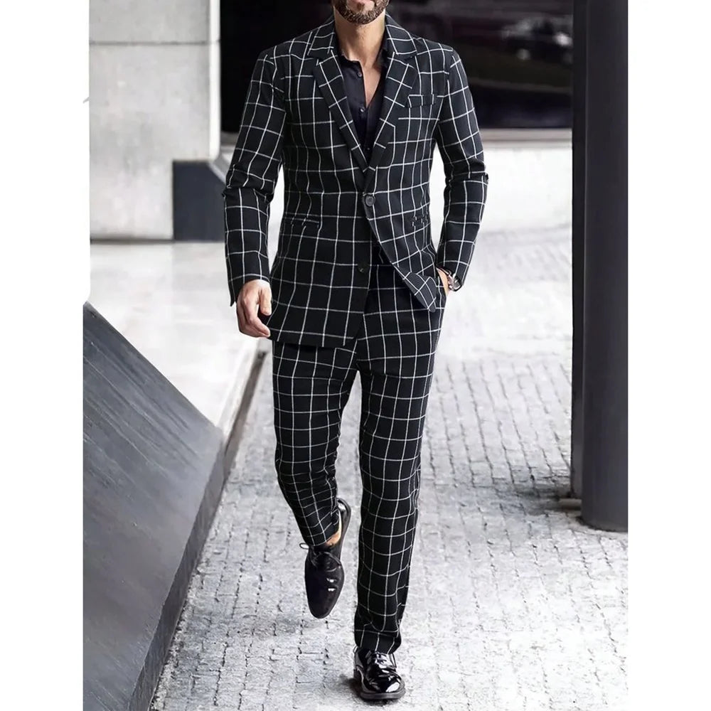 Traje de hombre de alta gama, de un solo pecho, a cuadros negros, dos piezas (chaqueta + pantalón), solapas, para fiesta informal, graduación, boda.