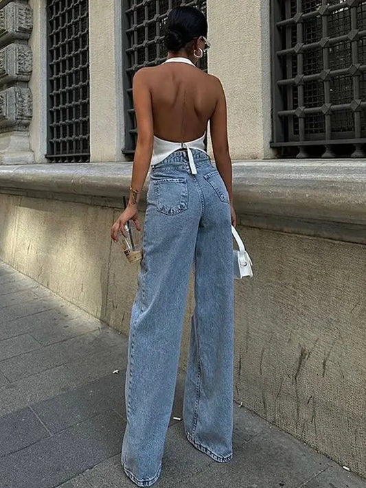 Designer Women's Jeans Pant Blue Denim with Sheer Mesh Knee Panels Hip Hop Style Distressed High Waist Streetwear Trousers