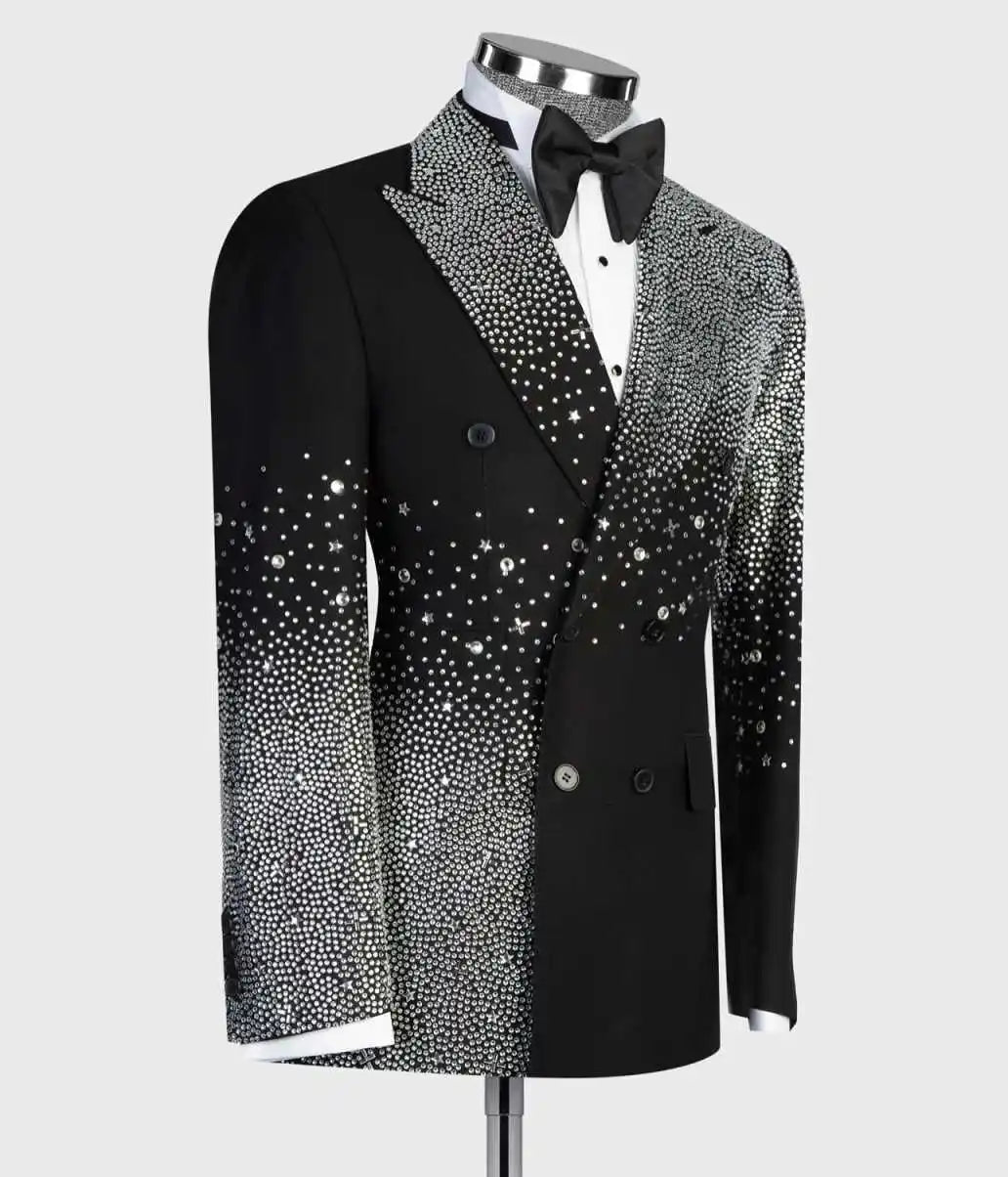 Sparkly Men's Suits 2-Piece Beads Blazer Peaked Lapel Double Breasted Wedding Slim Fit Diamonds Custom Made Plus Size