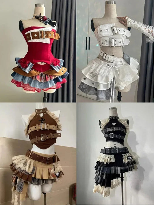 Ensemble 2 pièces vintage élégant pour femme, style années 2000, style punk gothique, haut court sans bretelles + jupe taille haute à volants, tenue de soirée 