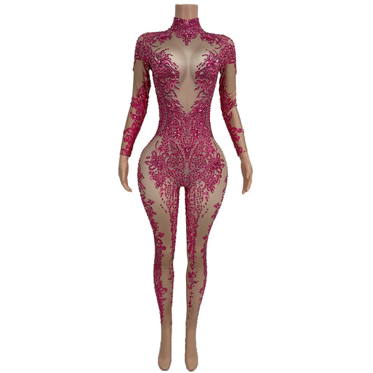 Sexy Glitter Diamond Elastic Pink Jumpsuit Female Dance Performance Costume Nightclub Stage Rompers Nightclub Outfit