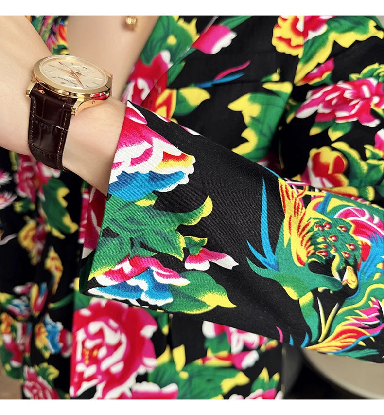Traje de 2 piezas para hombre, estilo vintage, para fiesta, con estampado de flores grandes, estilo noreste de China, chaqueta y pantalones.