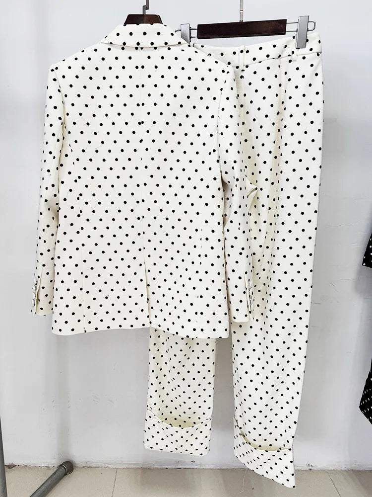 Designer Suit Women Bow Decorated Polka Dot Blazer Pants Set 2PCS