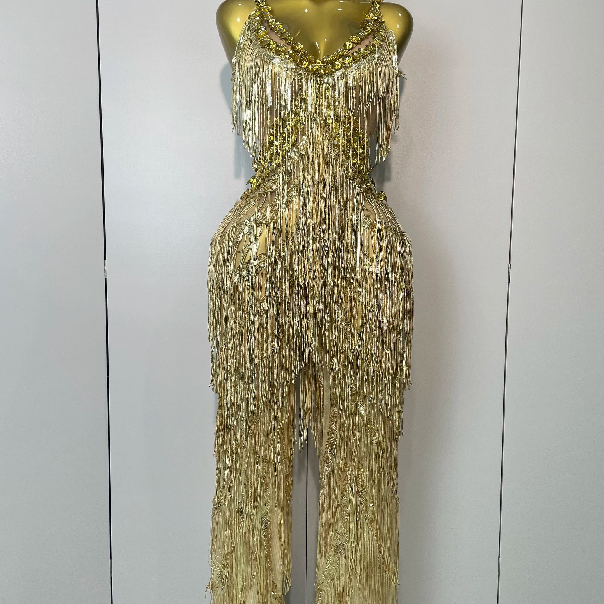 Combinaison à jambes larges et paillettes dorées brillantes pour femme, tenue de soirée sexy, de chanteur, de scène