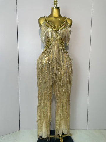 Combinaison à jambes larges et paillettes dorées brillantes pour femme, tenue de soirée sexy, de chanteur, de scène
