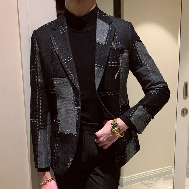 Traje informal vintage de dos piezas con estampado geométrico de patchwork para hombre, chaqueta a cuadros de primavera, blazer elegante para hombre 