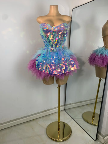 Tenue deux pièces à volants et paillettes scintillantes pour femme, ensemble haut dos nu et jupe, robe de danse pour spectacle en boîte de nuit, tenue de scène pour chanteuse