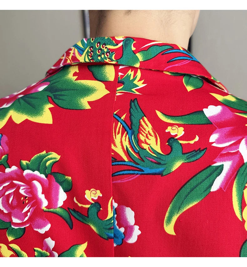 Traje de 2 piezas para hombre, estilo vintage, para fiesta, con estampado de flores grandes, estilo noreste de China, chaqueta y pantalones.