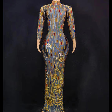Women Colorful Rhinestone Sexy Black Spandex Long Sleeves Bodycon Dress Birthday Prom Costume Evening Dancer Performance Gowns