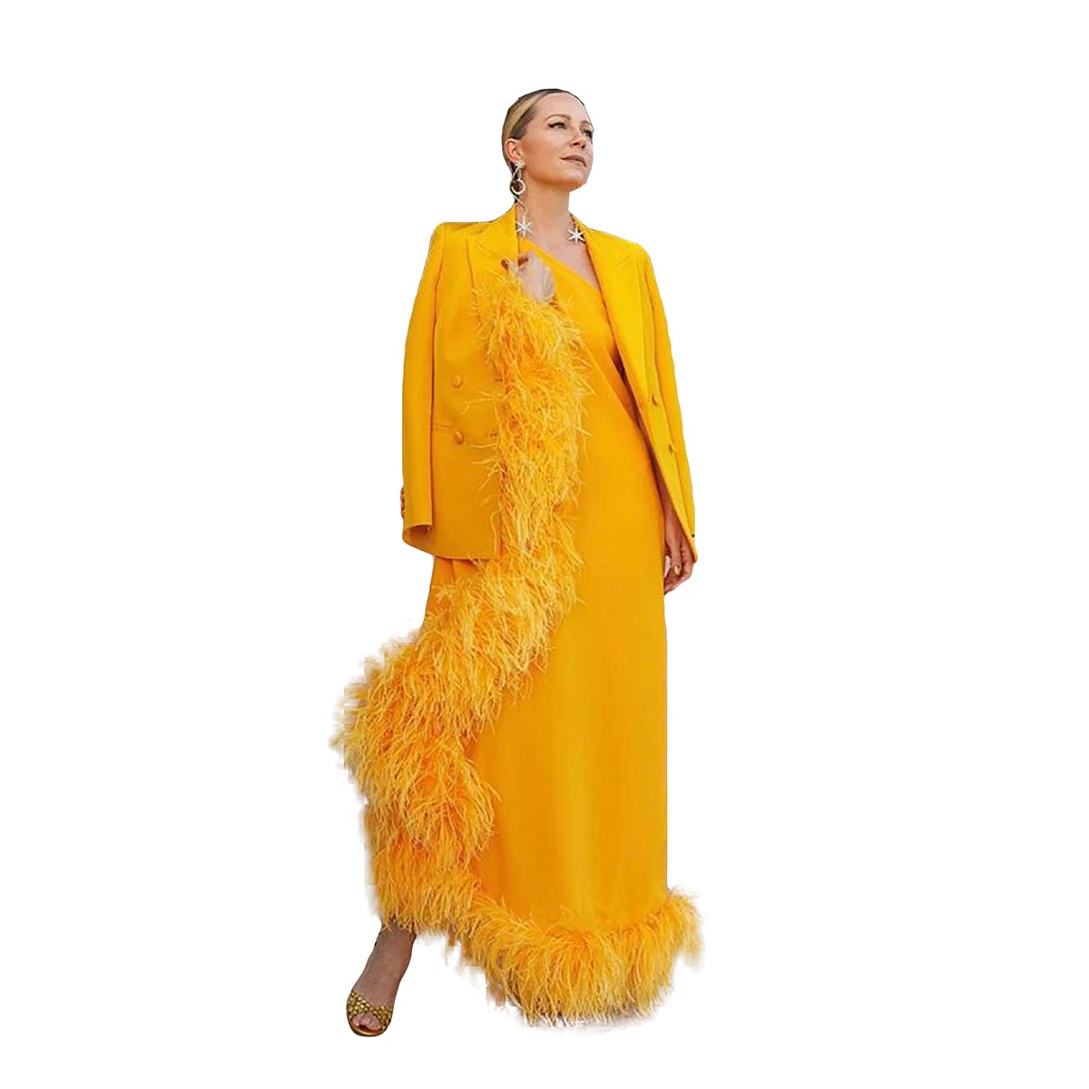 Design Women Dress Suits 2 Pieces Feather One Shoulder Evening Dress+Blazer Customized Wedding Guest Dress Cocktail Outfit