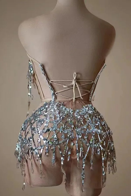 Robe d'été courte à paillettes argentées scintillantes et cristaux, tenue de scène sexy et transparente pour femme, tenue de soirée, d'anniversaire, de spectacle, de chanteur
