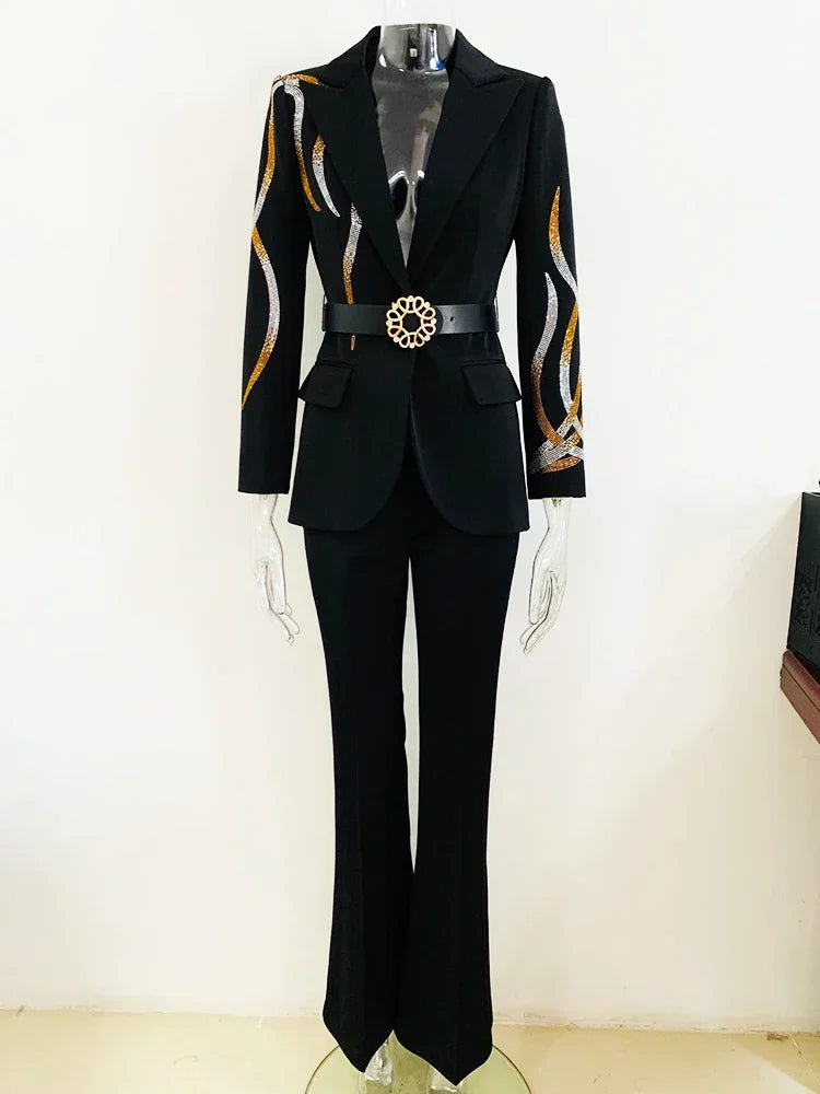 Fashion Designer Runway Suit Set Women's Colorful Diamonds Belted Blazer Flare Pants Suit 2pcs