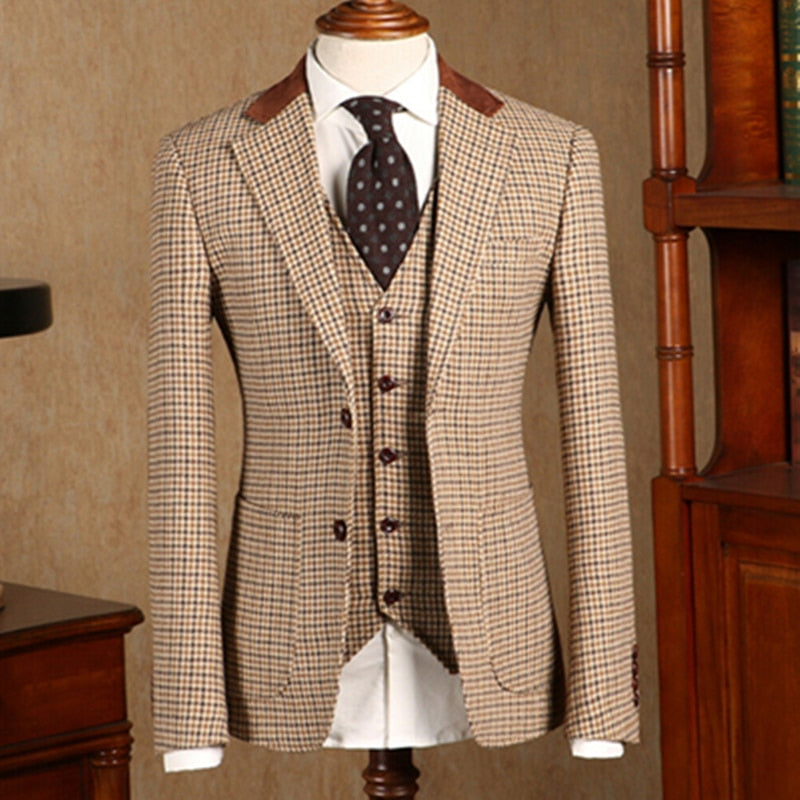 Conjunto de 3 piezas de traje caqui para hombre: blazer, chaleco y pantalones, esmoquin formal para novio, para boda, hecho a medida, chaqueta y abrigo. 