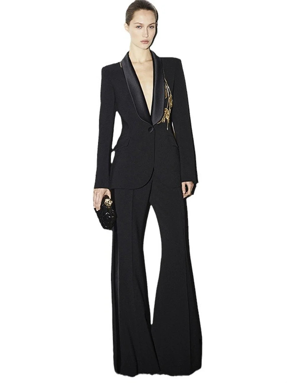 Elegant Black Beaded Two-Piece Women's Suit with Flared Pants – Perfect for Spring and Summer Events