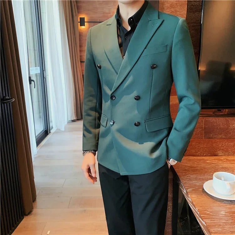 Men's Green Double Breasted Blazer with Black Buttons and Peak Lapel