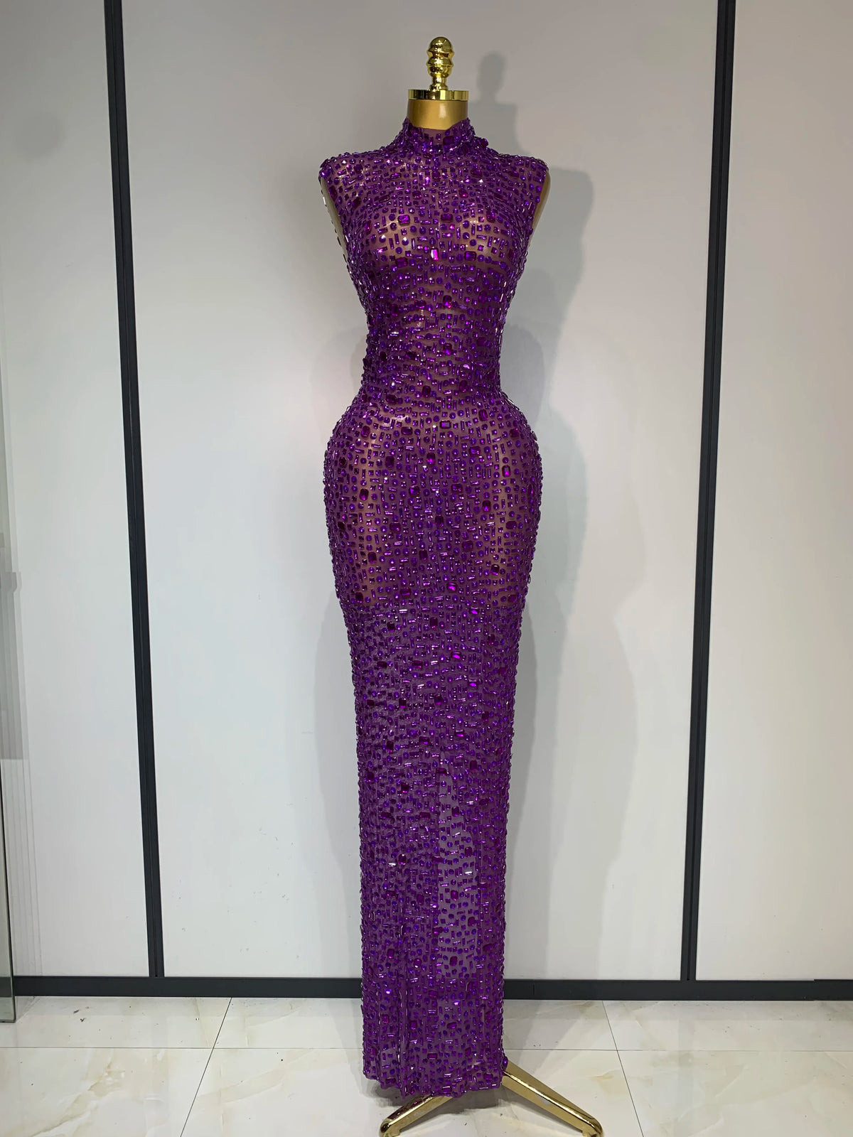 Sparkly Gold Rhinestone Sleeveless Stretch Long Dress Women Sexy Mesh Celebrate Evening Prom Birthday Dress Photo Shoot Wear