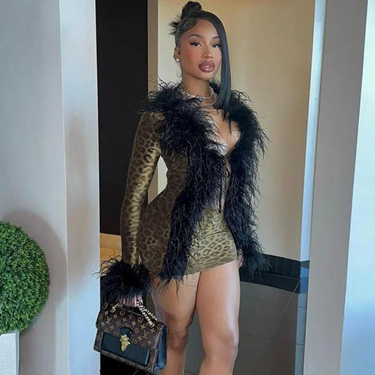 Sexy Women Furry Collar Leopard Bodycon Dress Long Sleeve Lace-up Mini Dress Party Club Lady Cute Fur Bandage Cut-out Dress