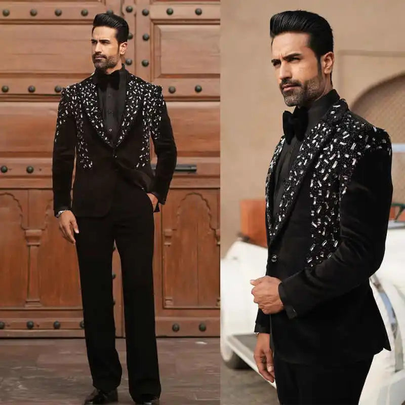 Luxury Groom Wedding Wear Big Diamonds Beads Party Birthday Mens Pants Suits 2 Pieces Customized