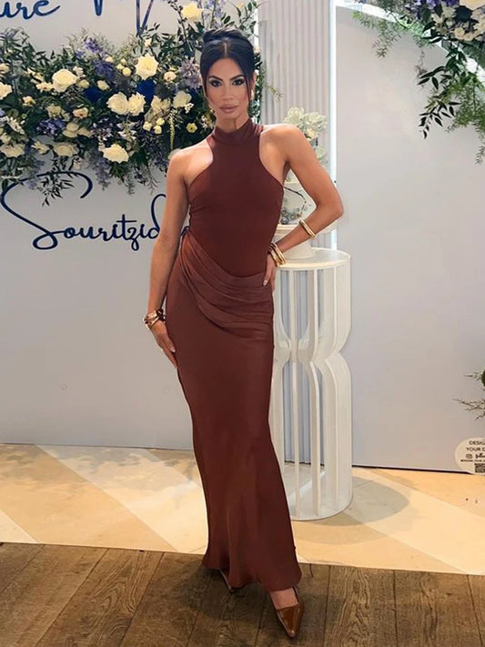 Vestido largo de satén sexy con agujeros para mujer, vestido negro sin mangas de cintura alta, vestido femenino ajustado de otoño, elegante, para fiesta y club. 