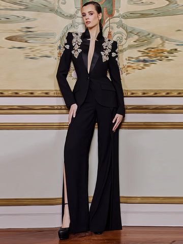 Newest Suit Women Beaded Diamonds Stand Collar Single Button Blazer Wide-leg Pants Set 2PCS