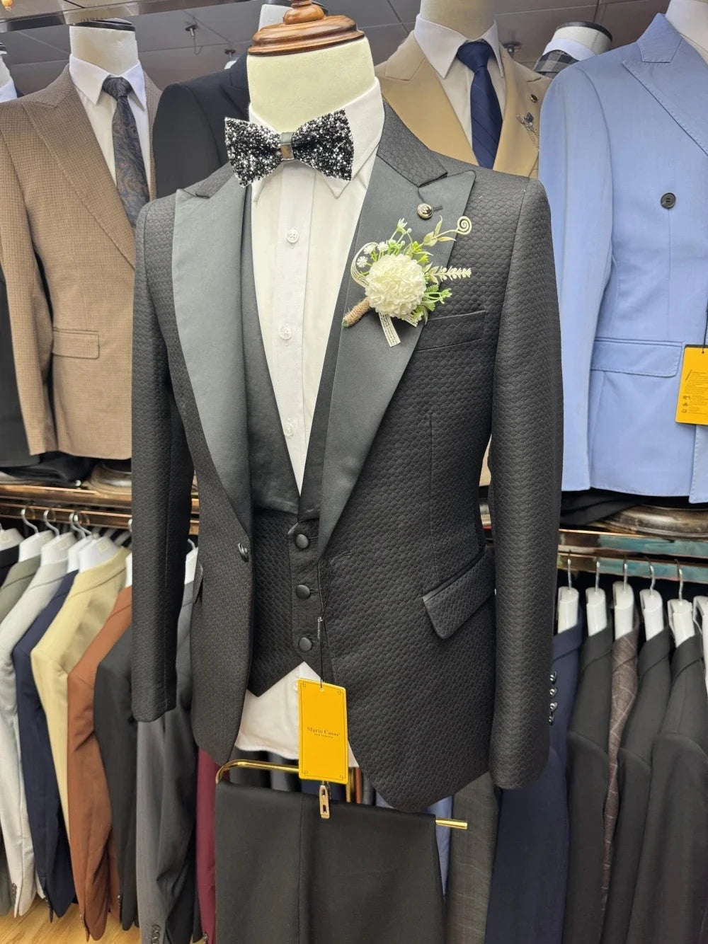 Men Suits Tailor-Made 3 Pieces Set Coat Air Cotton Peaked Lapel Blazer Groom Double Breasted Customized Jacket Vest Black Pants