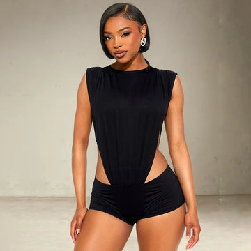 Women Black Sexy 2 Piece Set Side Hollow Out O-neck Ruched Sleeveless Bodysuits Tops + Skinny Shorts Clubwear Suits Streetwear
