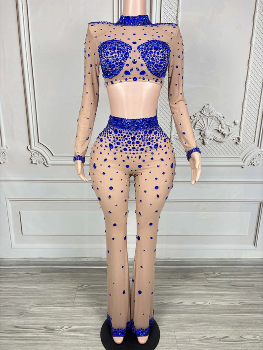 Women Sparkly Blue Rhinestone Mesh Two Pieces Pants Set Evening Celebrate Birthday Party Nightclub Photoshoot Costume