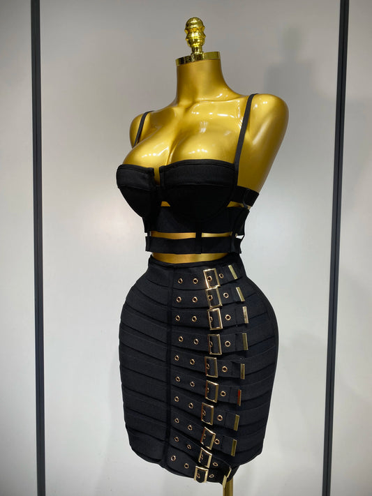 Women Sexy Black Cut Out Bodycon Bandage Skirt Two Piece Set 2025 Celebrity High Streeet Evening Birthday Club Party Outfits