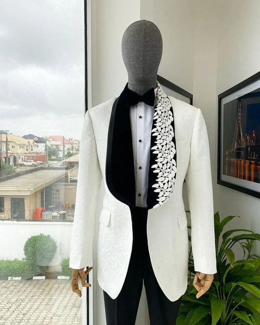 Handsome Men's Suit Jacquard 2 Pieces Set Jacket Tailor-Made Shawl Lapel Blazer One Button Customized Coat Black Pants