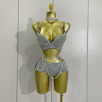 Women Sparkly Diamante Pearl Chain Sexy Bikini Set Carnival Bra+Panties Rave Nightclub Party Celebrate Stage Performance Wear
