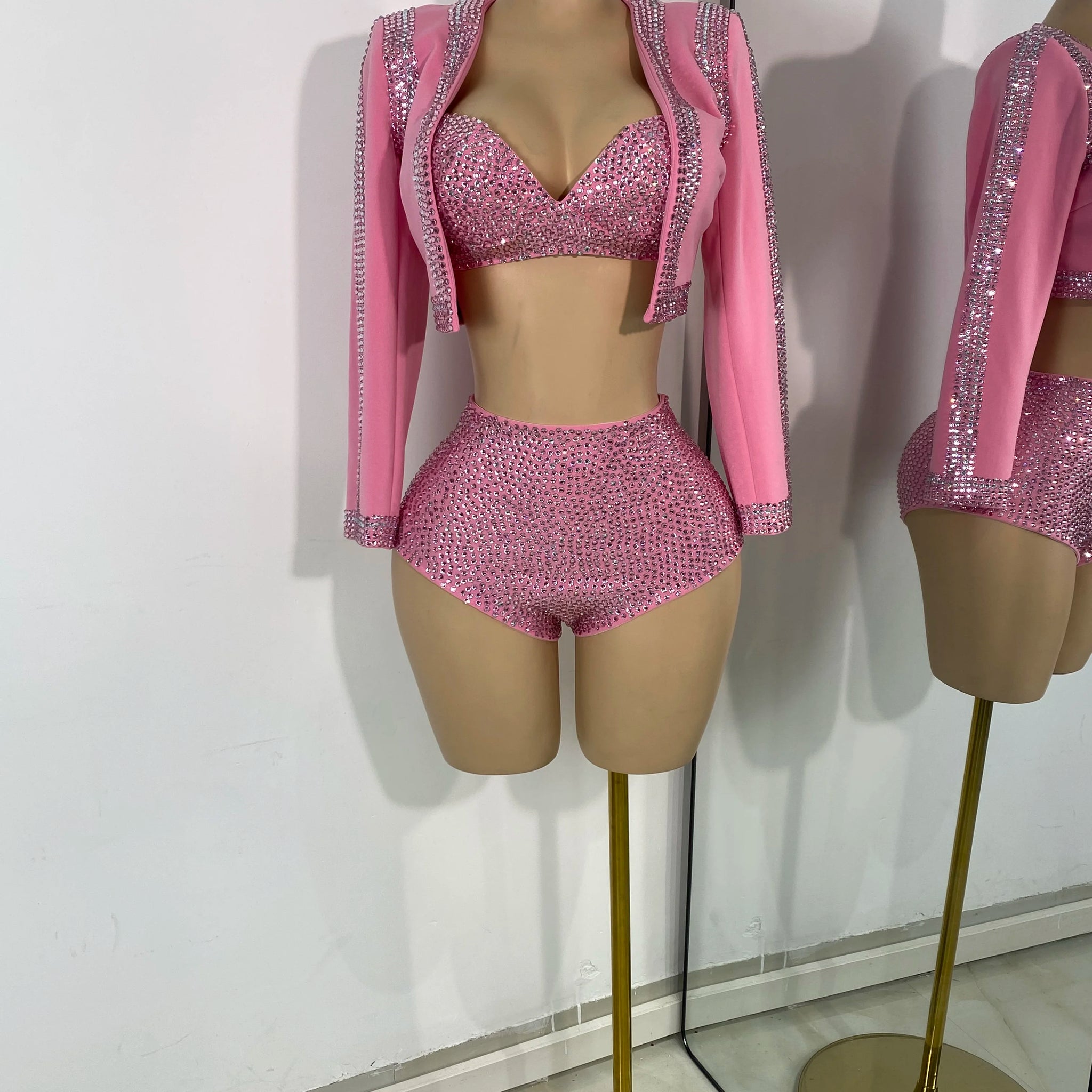 Women's Rhinestones Top Shorts Sets Nightclub Show Three Pieces Outfit Nightclub Performance Singer Dance Costume Stage Wear