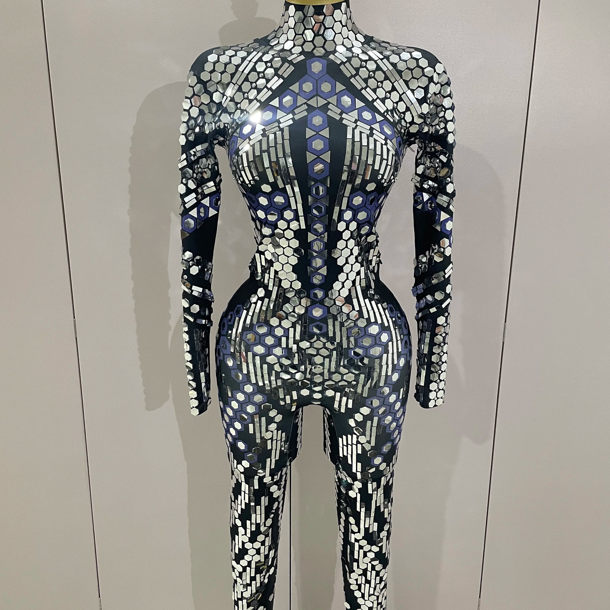 Sexy Shiny Silver Sequins Mirror Black Spandex Jumpsuit Women Prom Dancer Singer Costume Evening Birthday Show Stage Outfit