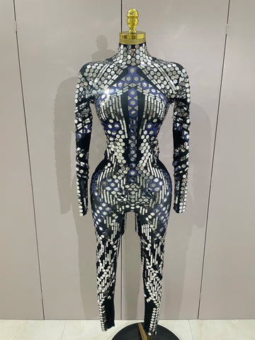 Sexy Shiny Silver Sequins Mirror Black Spandex Jumpsuit Women Prom Dancer Singer Costume Evening Birthday Show Stage Outfit
