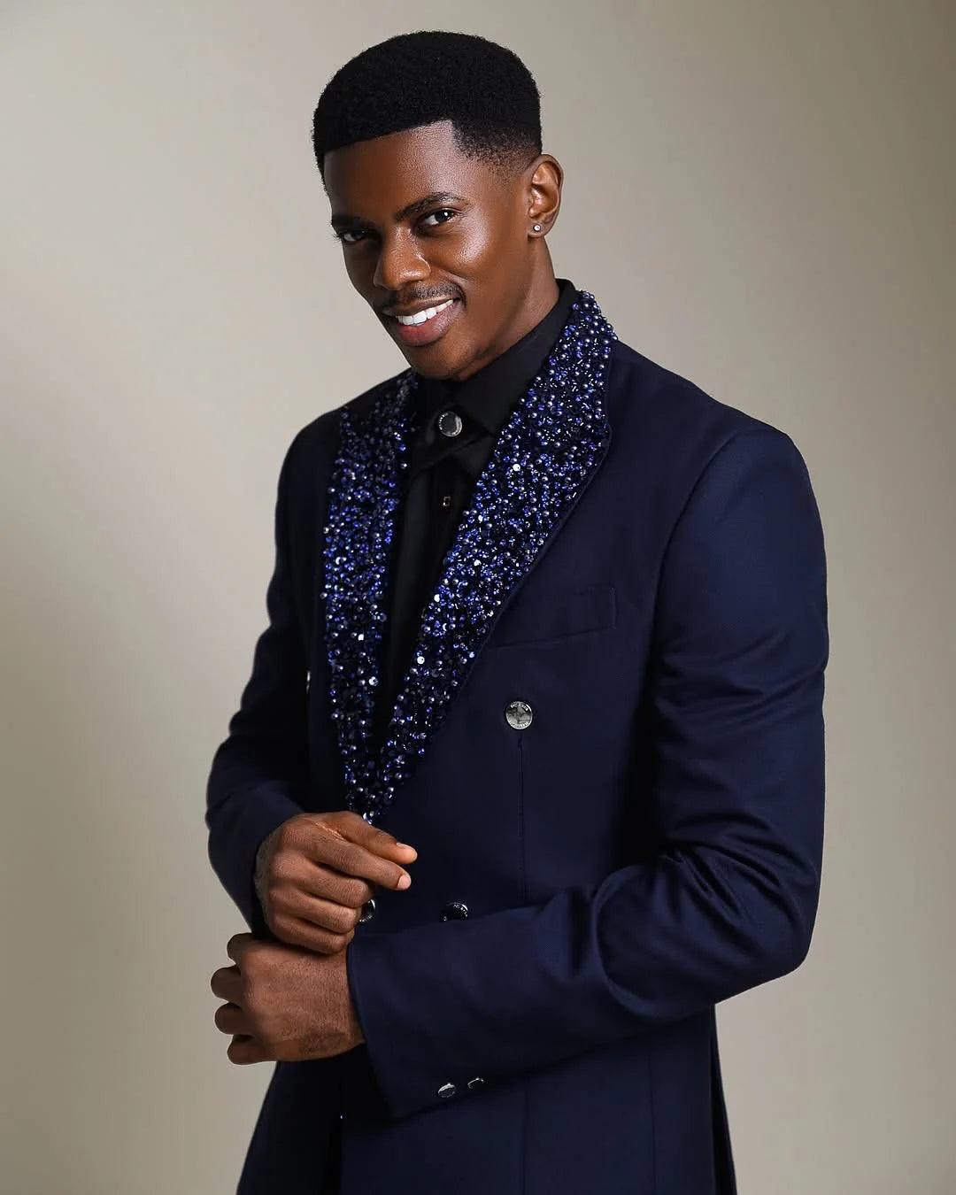Navy Blue Men Suit Set 2 Piece Blazer+Pants Trousers Beaded Lapel Wedding Tuxedos Formal Office Jacket Prom Coat Customized