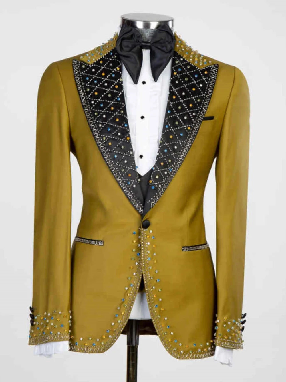 Bling Wedding Tuxedos Beading Beaded One Button Men Suit Peaked Lapel 2 Piece Set Jacket Pants Groom Blazers Customized