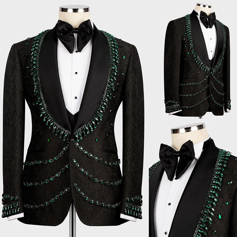 Vintage Men Suits Wedding 3 Pieces Set Coat Crystal Beaded Shawl Lapel Tailor-Made Jacquard Blazer Customized Jacket Vest Pants