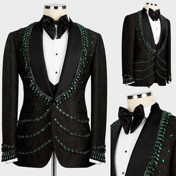 Vintage Men Suits Wedding 3 Pieces Set Coat Crystal Beaded Shawl Lapel Tailor-Made Jacquard Blazer Customized Jacket Vest Pants