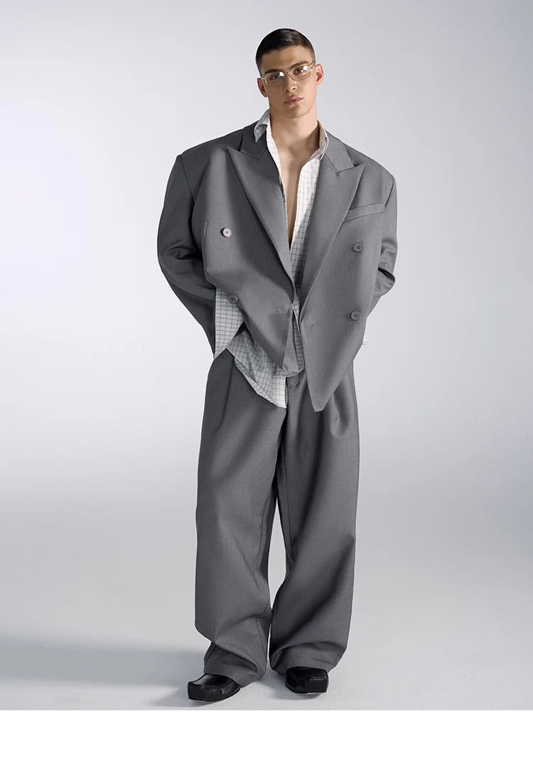 Oversized Grey Blazers for Men Peaked Lapel Shoulder Pads Double Breasted