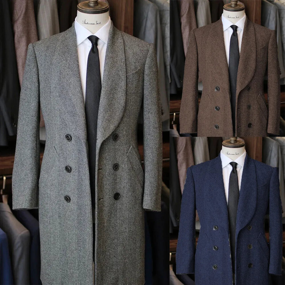 Elegant Men's Overcoat Herringbone Shawl Lapel Tailor-Made Windbreaker One Piece Double Breasted Warm Customized Overgarment