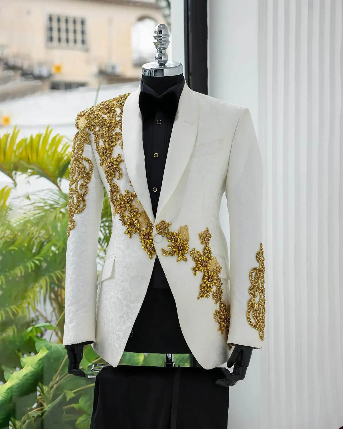 Men's Wedding Tuxedo with Gold Crystal Appliqués and Shawl Lapel, Custom Made Groom Suit