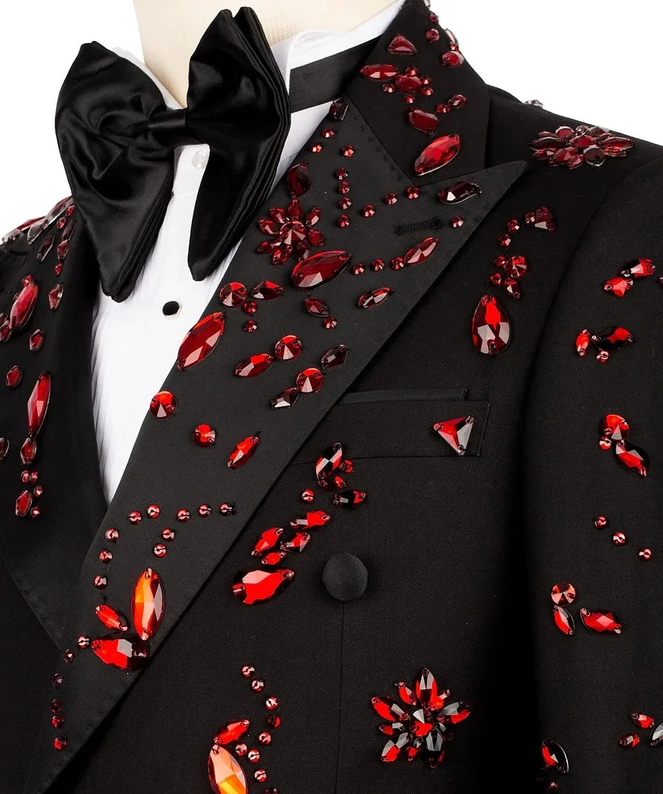 Luxury Man Suits Fit Slim Crystals Beaded Peaked Lapel 2 Pieces Set Party Prom Blazer Customized Double Breasted Jacket Pants