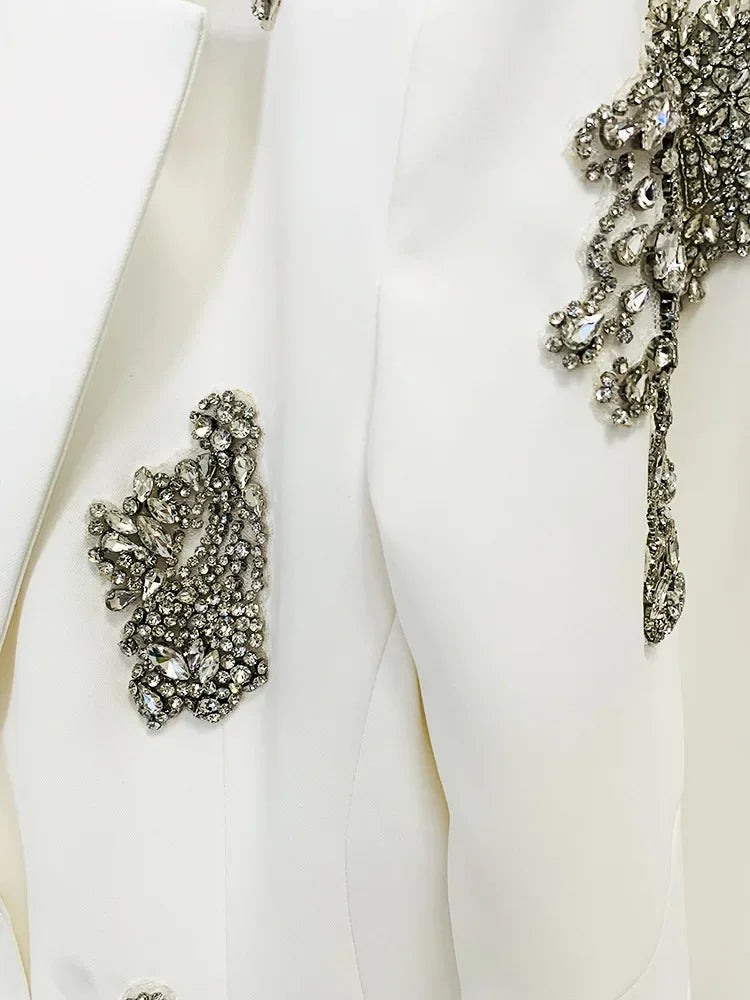 Designer Suit Women Beaded Diamonds Single Button Suit Blazer Wide-leg Pants Set 2PCS