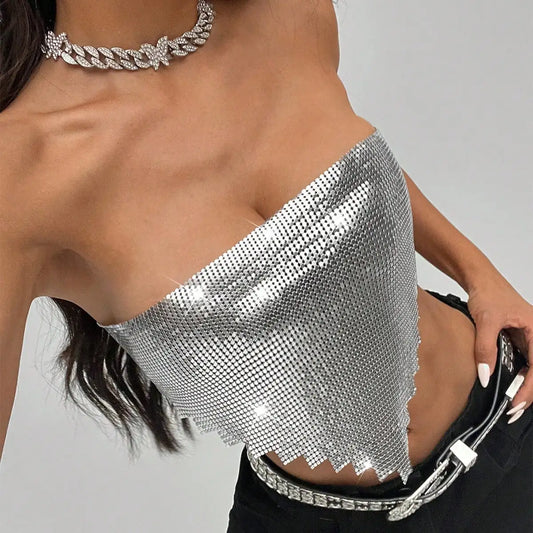 Chic Metal Sequins Party Tank Top for Women Sexy Backless Bandage Sleeveless Strapless Crop Top Fashion Nightclub Streetwear