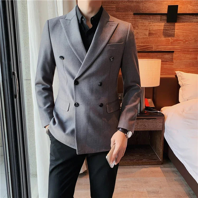 Men's Green Double Breasted Blazer with Black Buttons and Peak Lapel