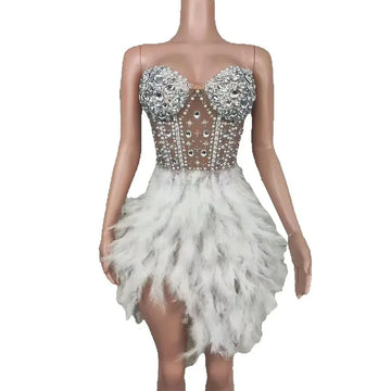 Luxury Sparkle Rhinestone Feather Sexy Brown Nude Mesh Dress Women Elegant Evening Party Birthday Performance Photoshoot Costume